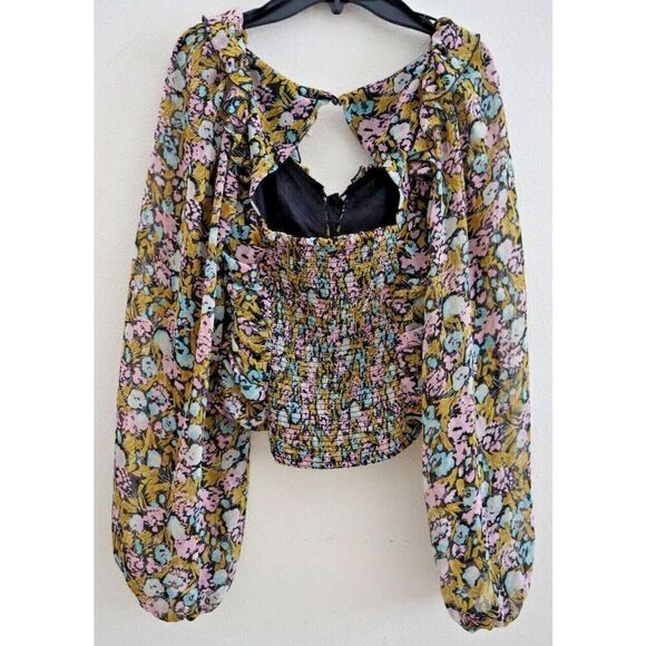 Free People OB1085105 Women's Sz XS Black Combo Floral Mabel Printed Blouse - Picture 2 of 6